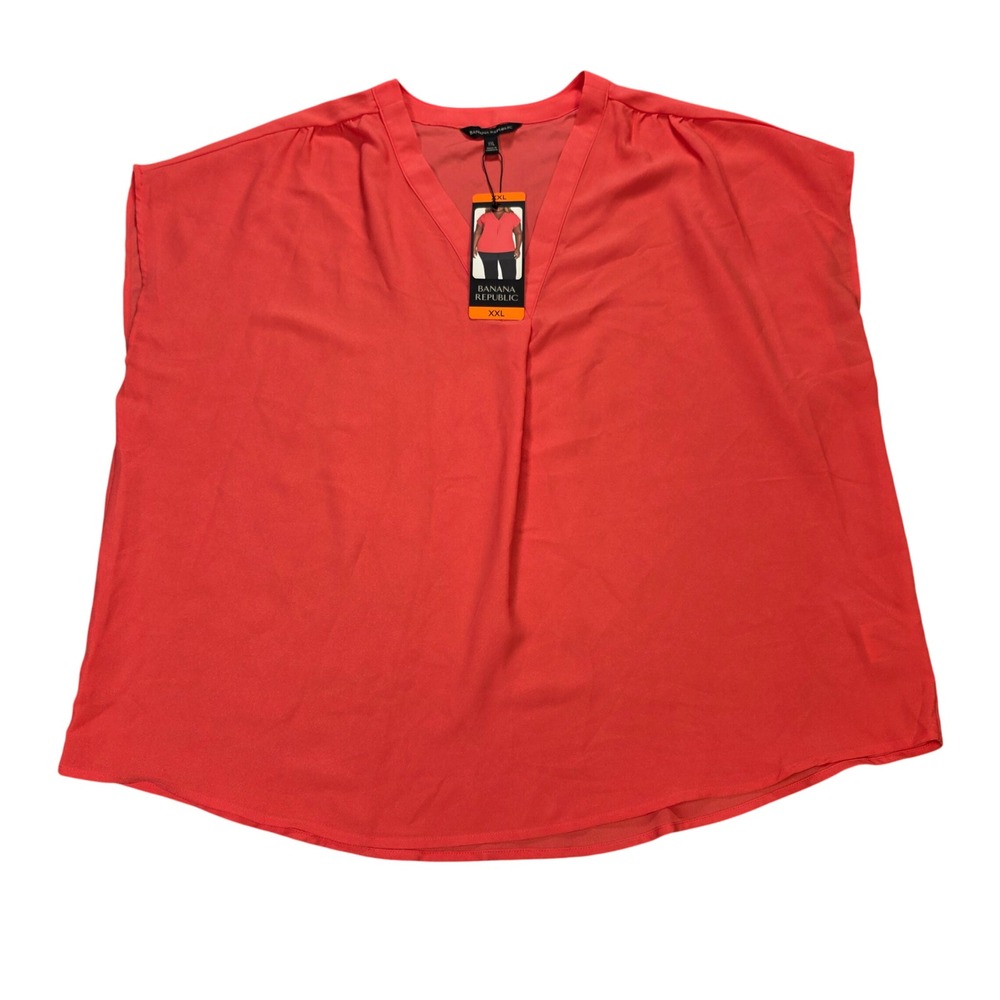 Banana Republic Pleated Blouse Women's Size XXL Coral V-Neck Short Sleeve NEW